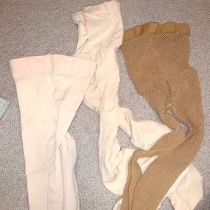 3 pairs of tights: 2 pink and 1 pair tan fishnets